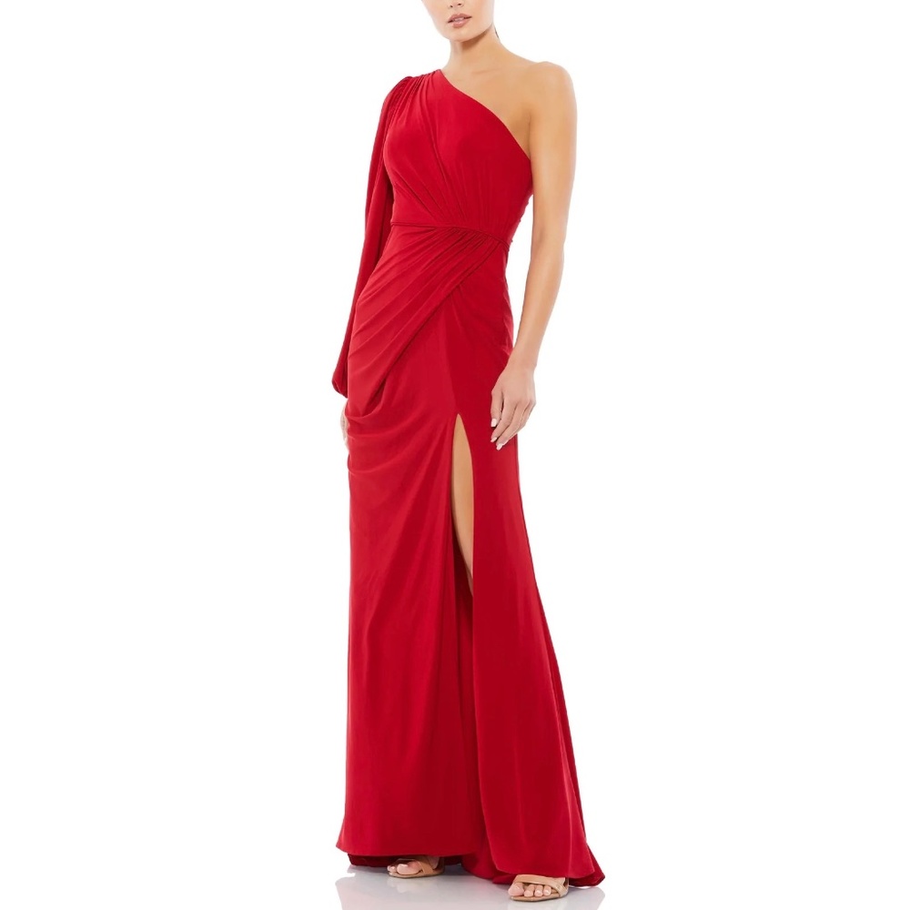NEW Mac Duggal Ieena 67879 One Shoulder Puff Sleeve Faux Wrap Gown Size 12